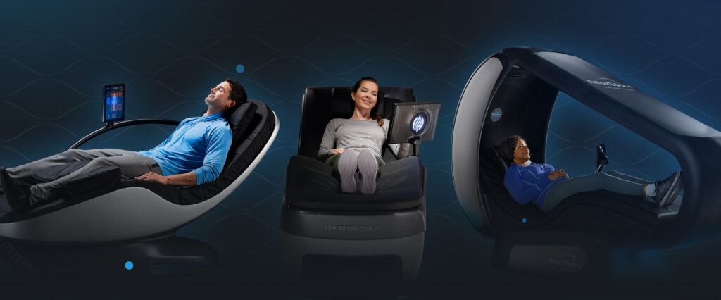 Photos of WellnessSpace Brands products, from left to right: CryoLounge+, HydroMassage and RelaxSpace Wellness Pods